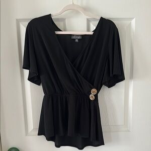 Luxology Black Wrap Peplum Blouse Short Sleeve Rop